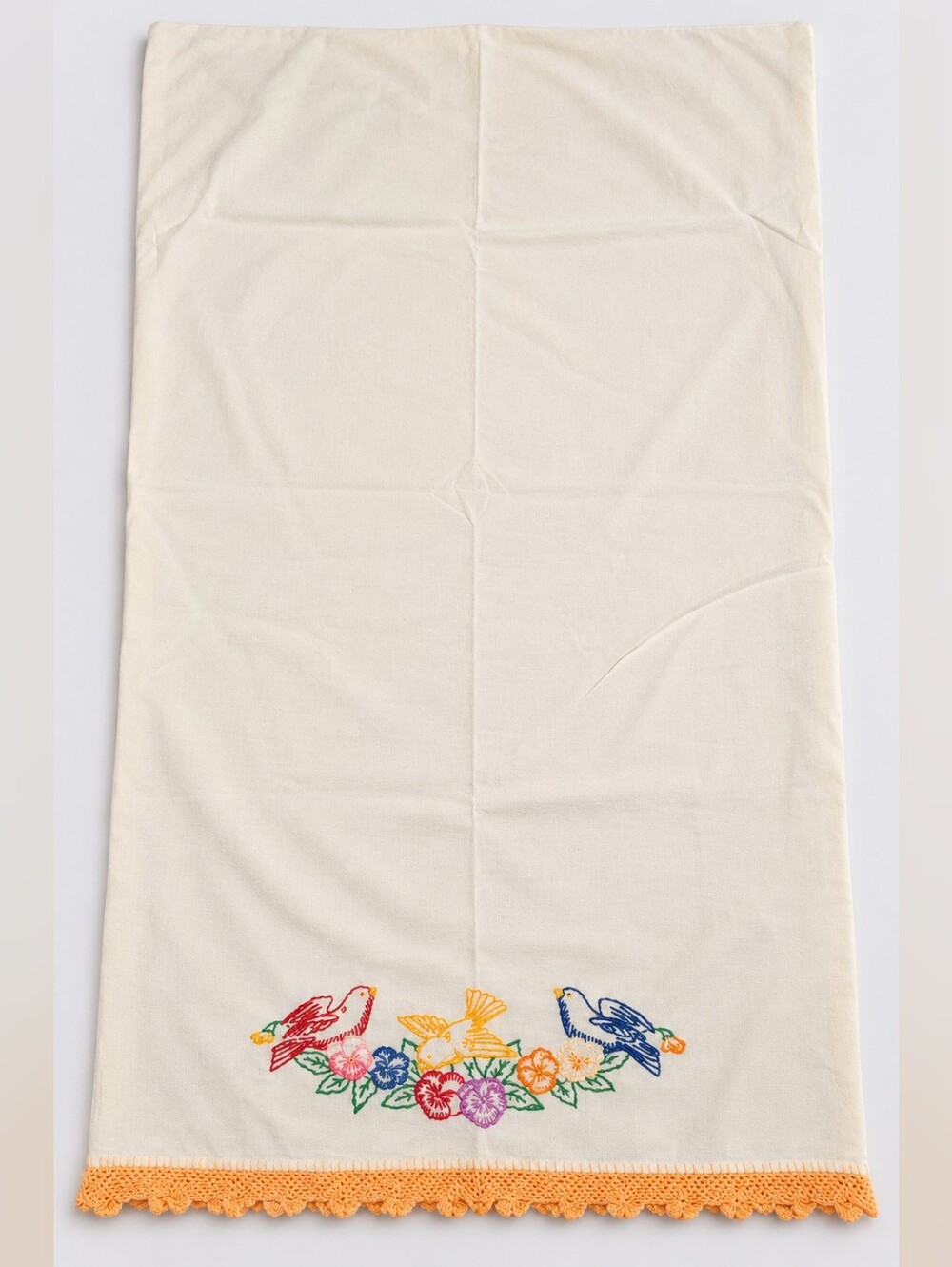 Handmade Vintage Embroidered Birds Floral Pillowcase Ivory Crochet Trim 20x33